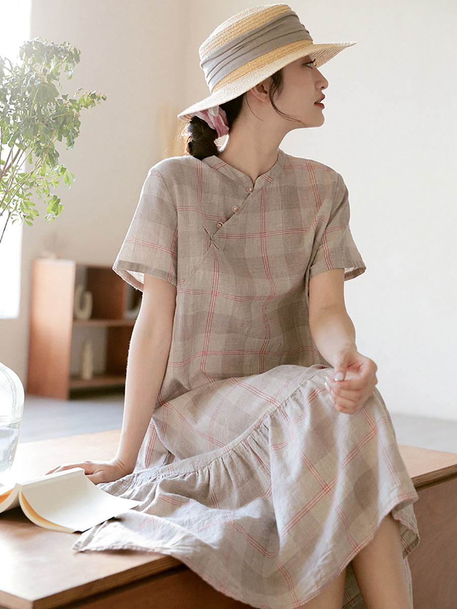 Irregular Splice Plaid Elegant Button Pleated Dress