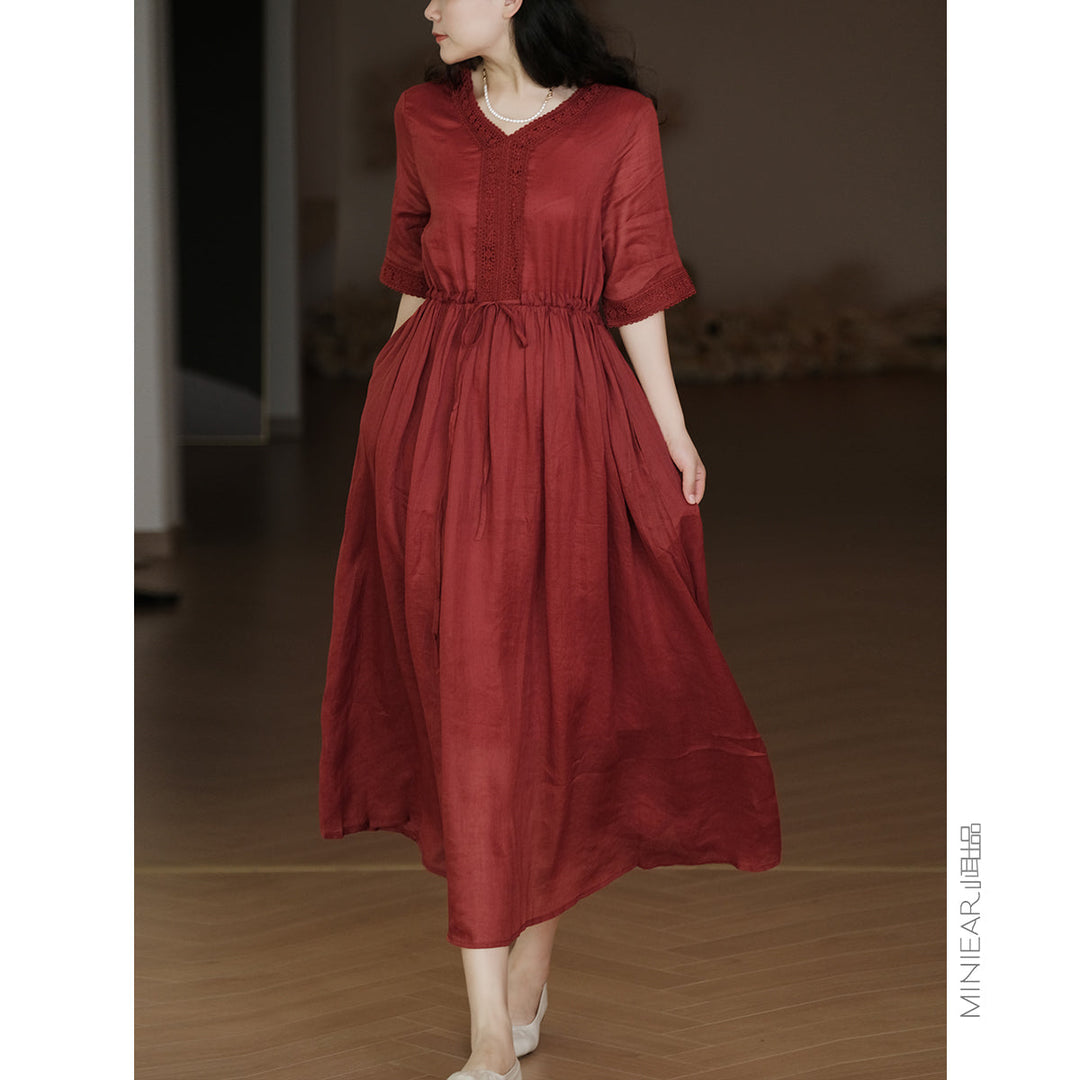 Women Elegant Solid Spliced Lacework Drawstring Ramie Dress