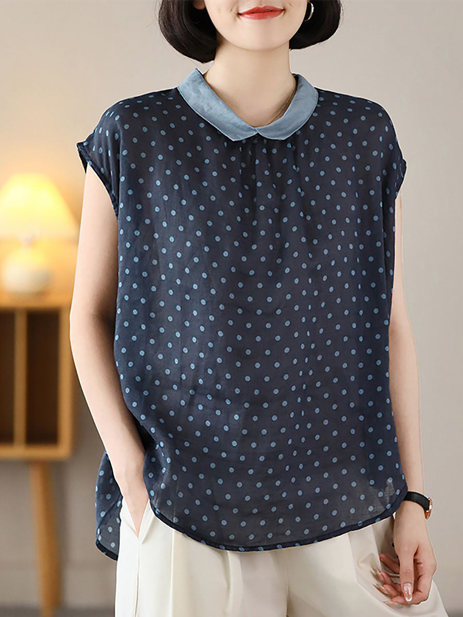 Women Casual Dot Turn-down Collar Sleeveless Ramie Shirt
