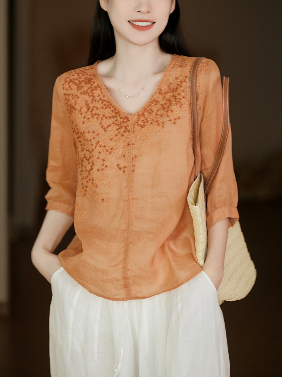 Summer Flower Embroidery Lacework Loose Ramie Shirt
