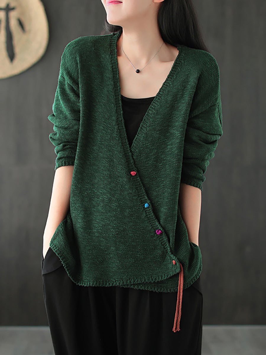 Fall Knitted Retro Solid Color V-neck Sweater