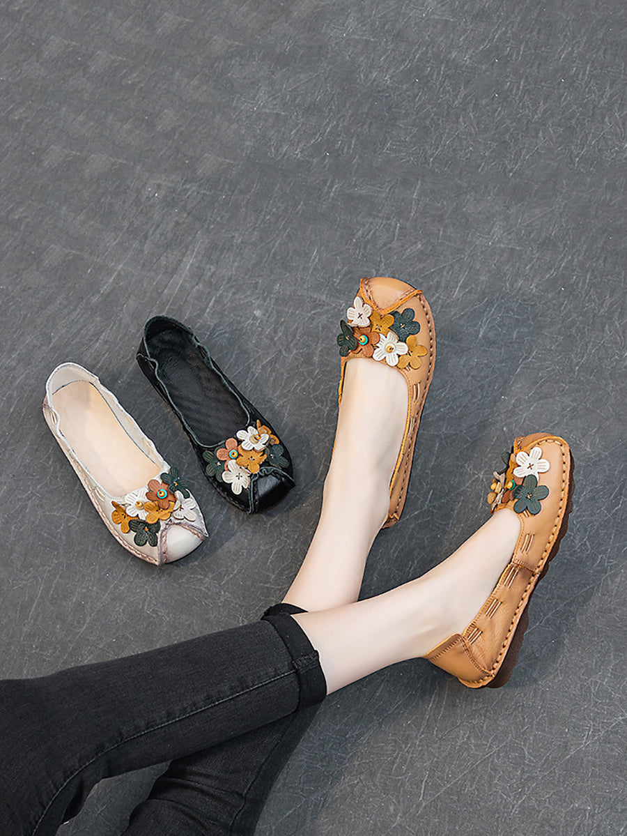 Women Summer Vintage Floral Spliced Leather Flat Shoes