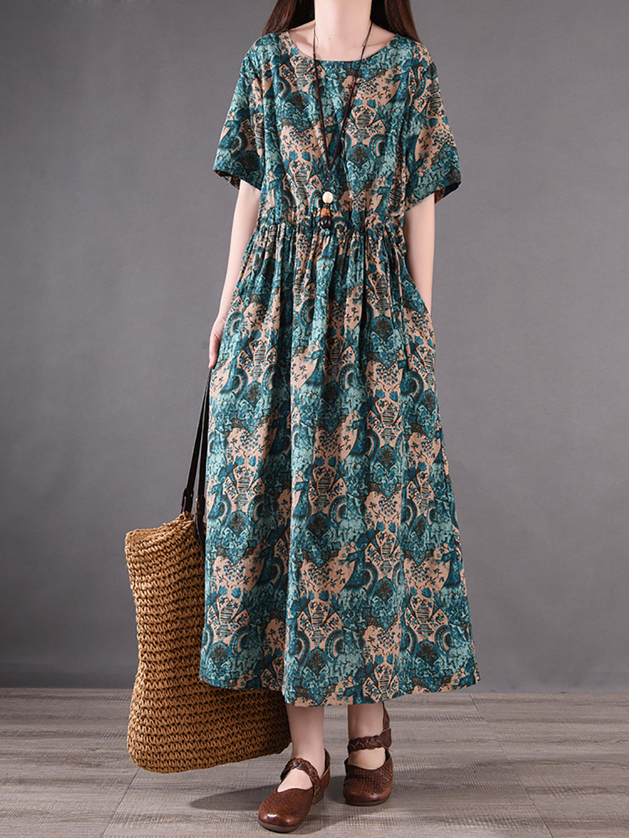 Vintage Flower Pleated Drawstring Loose Cotton Dress