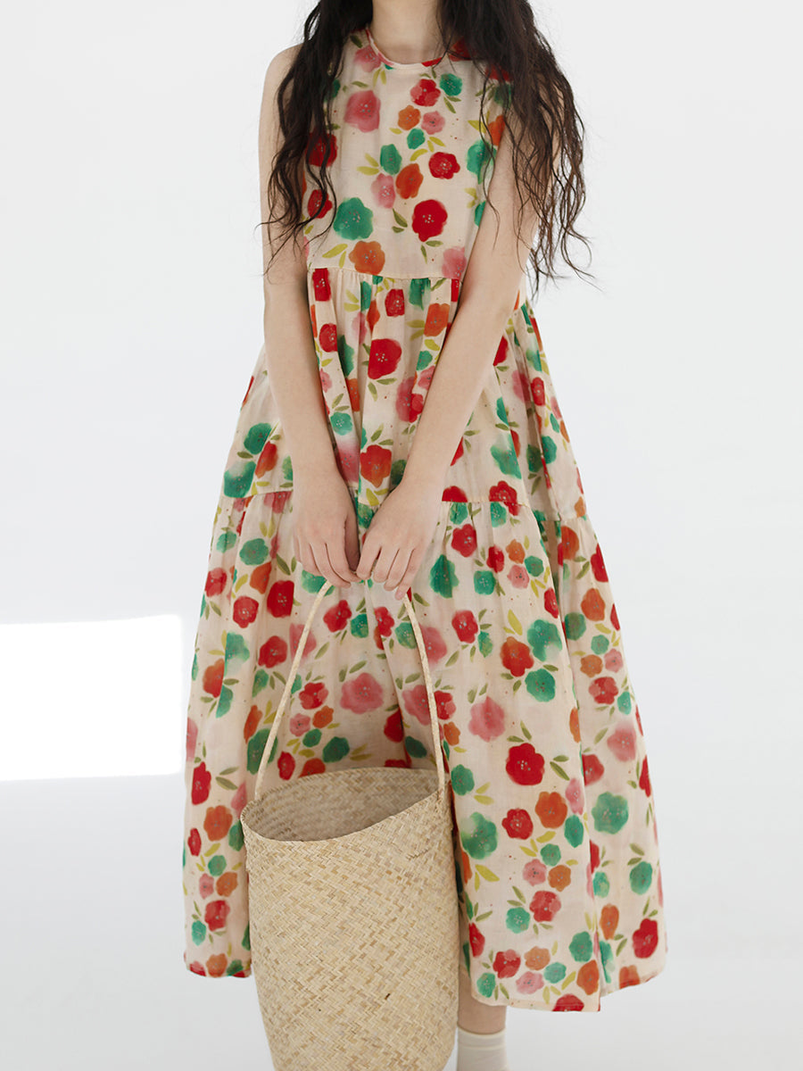 Cute O-Neck Flower Spliced Pleated Vest Dress