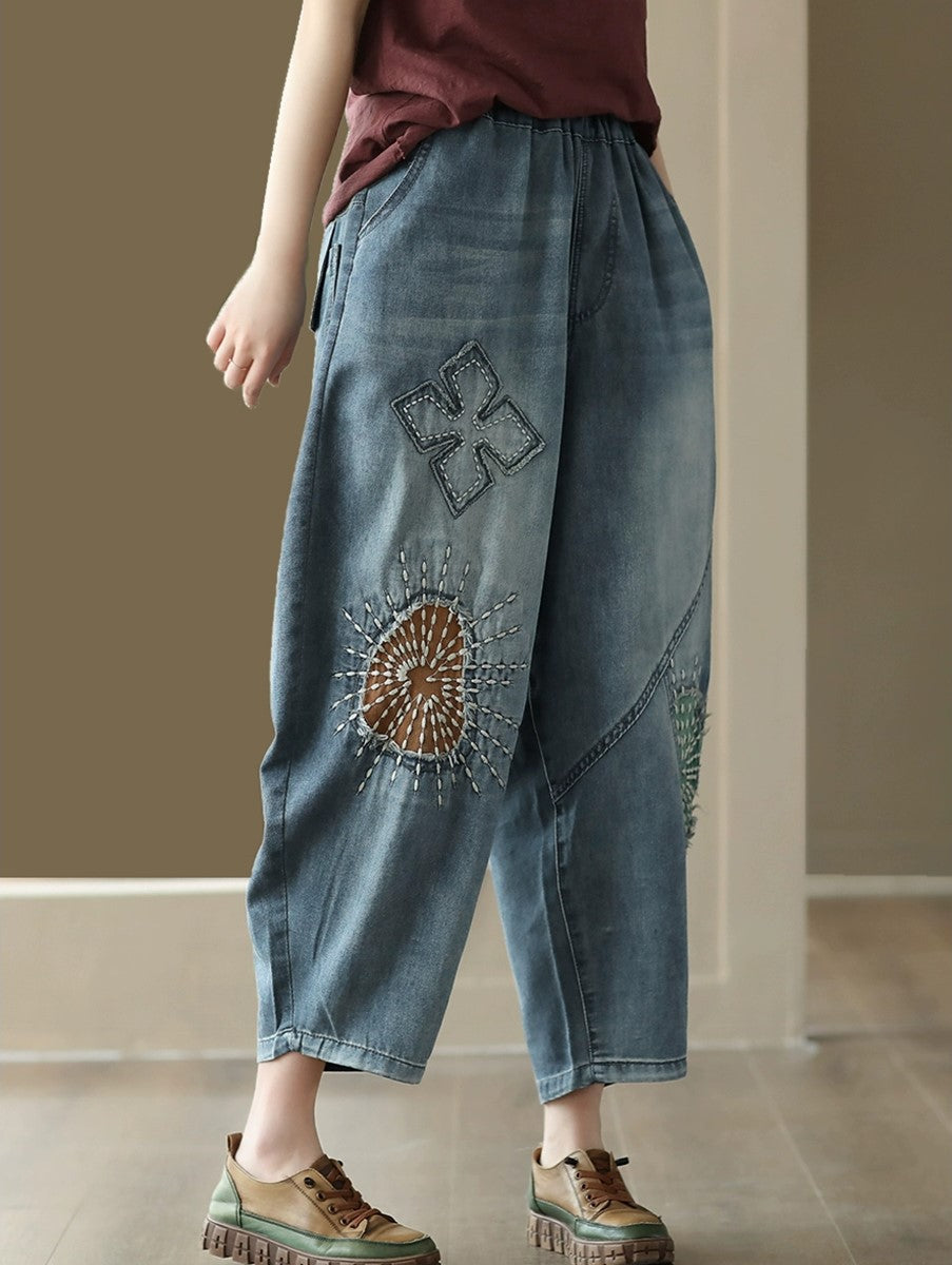 Casual Retro Patch Stitching Pocket Denim Pants