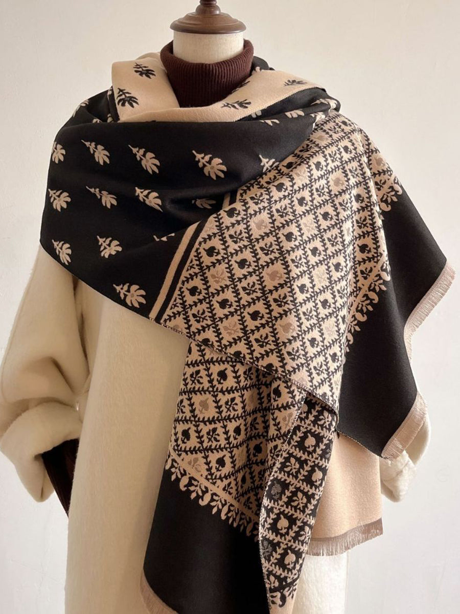 Women Winter Dual-side Print Tassel Scarf Shawl