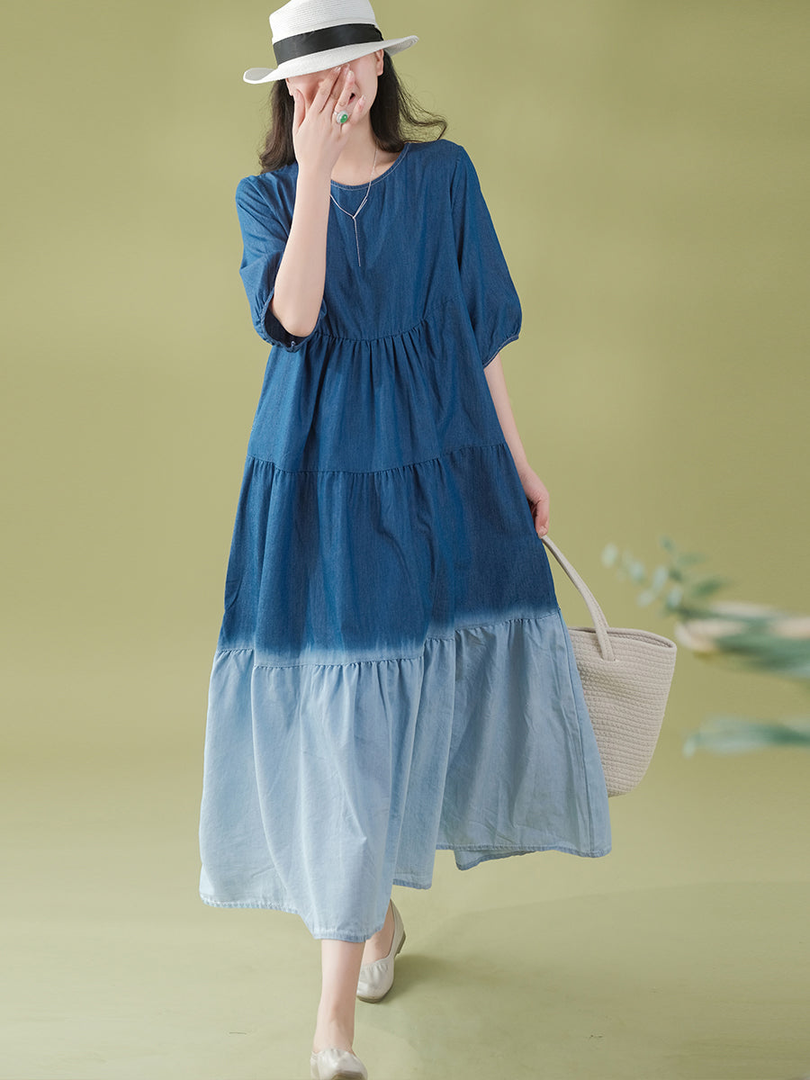 Women Summer Casual Gradient Pleated Loose Denim Dress