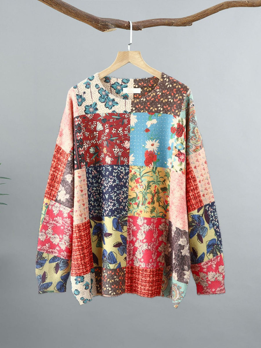 Women Ethnic Flower Patch Spliced O-Neck Sweater