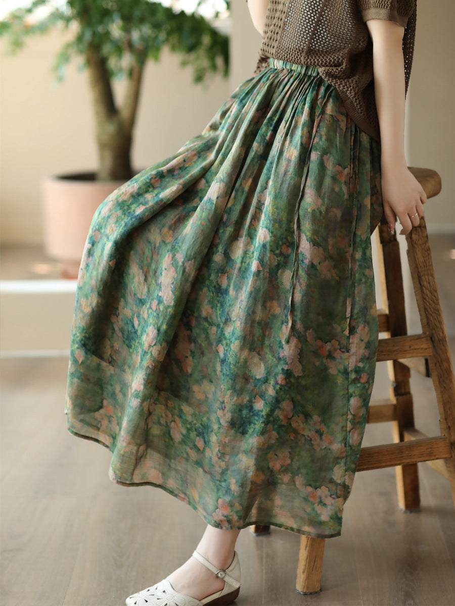 Casual Summer Artsy Floral Drawstring Loose Ramie Skirt