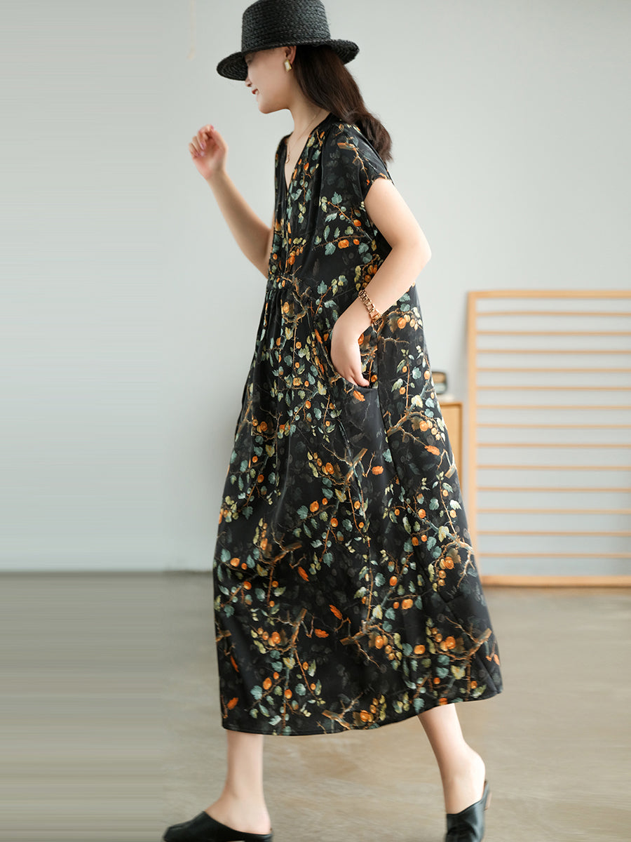 Vintage Floral Drawstring V-Neck Loose Dress