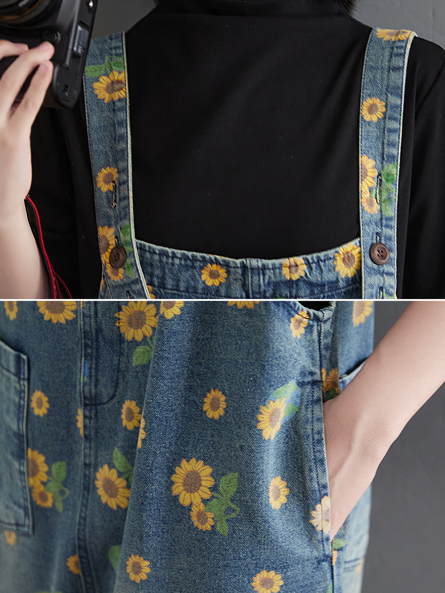 Vintage Sunflower Worn Pocket Denim Jumpsuits Summer