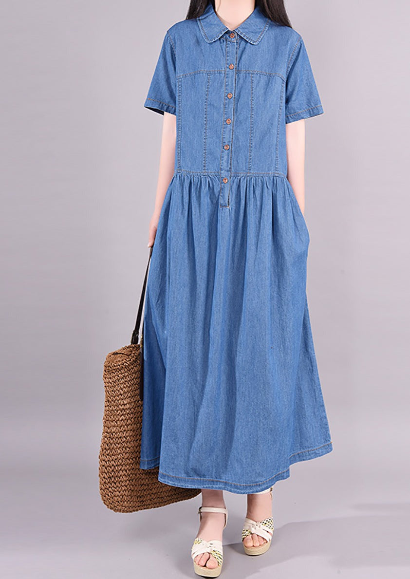 Women Retro Solid Pleated Polo Collar Denim Dress