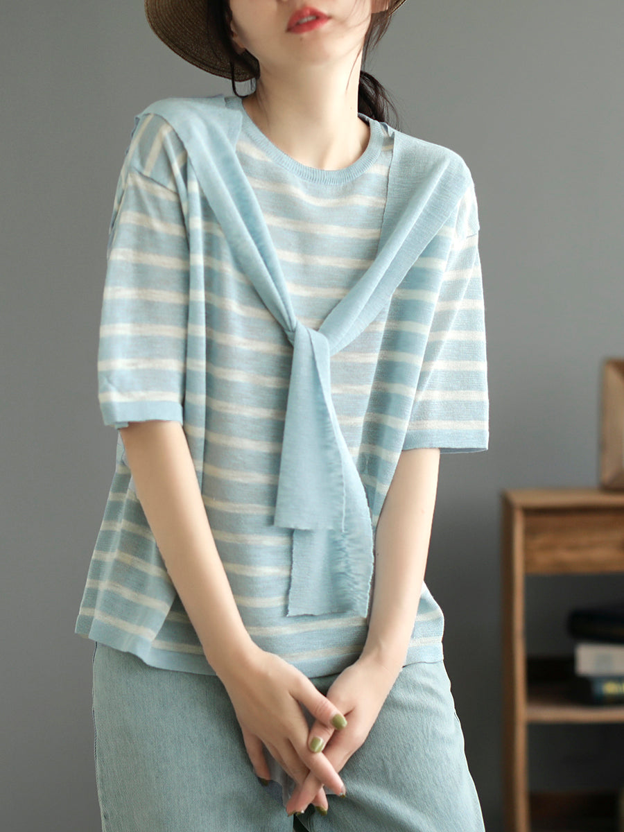 Women Summer Stripe Casual Fake Two Pieces Shirt