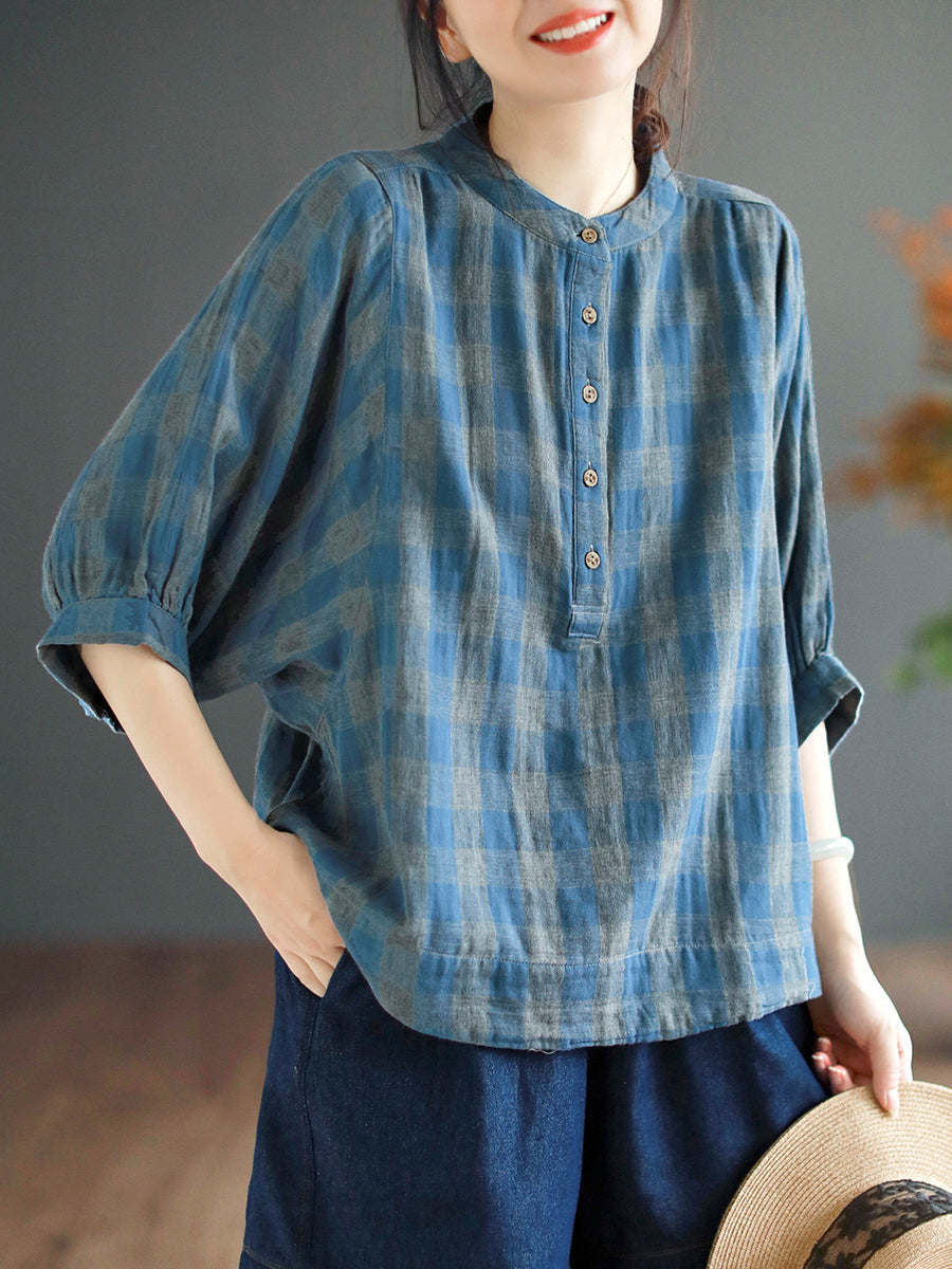 Retro Plaid Button Batwing Sleeve Cotton Shirt