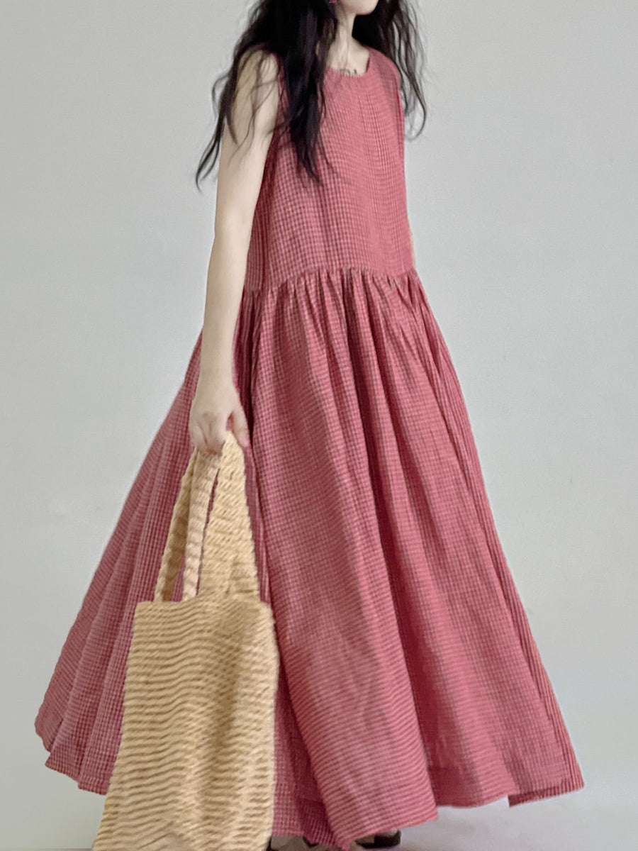 Summer Casual Plaid Pleated Loose Linen Dress