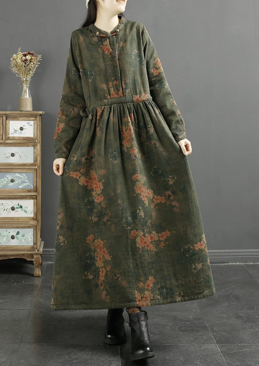 Casual Loose Fall Vintage Leaf Print Cotton Dress