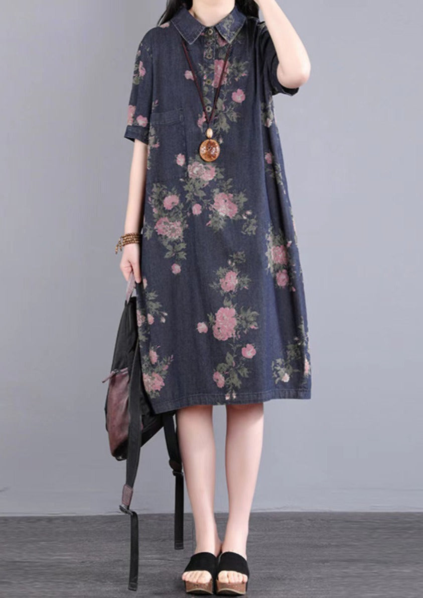 Vintage Flower Print Pocket Loose Button Denim Dress