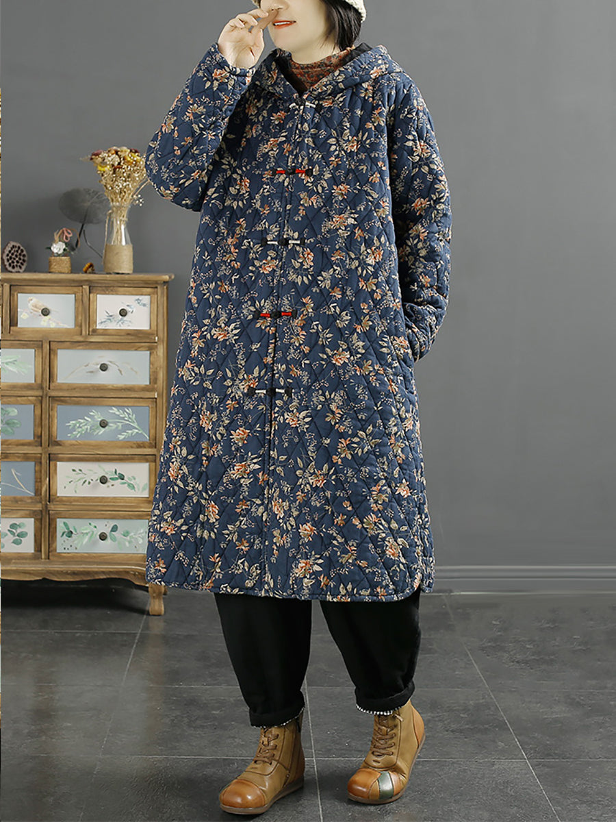 Women Ethnic Winter Floral Hooded Long Padded Coat