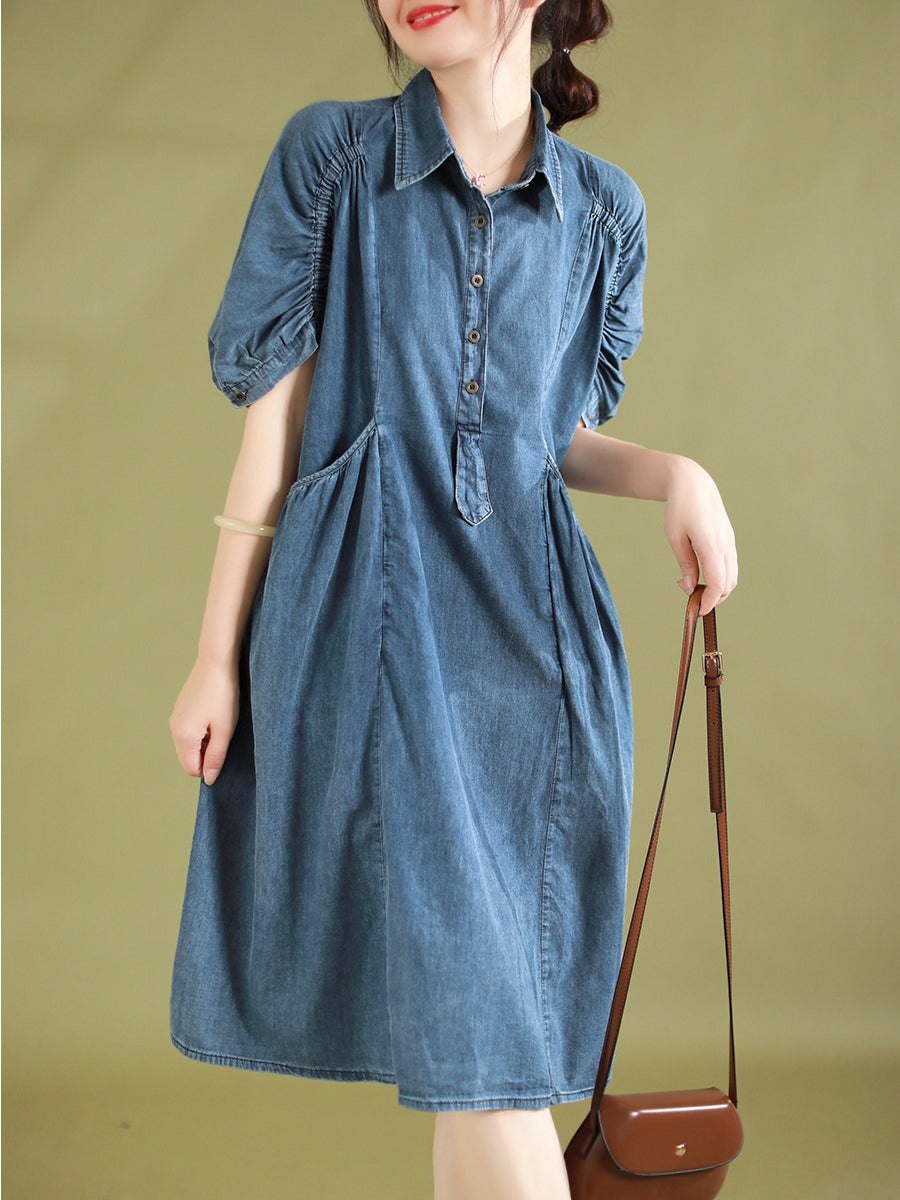 Women Summer Retro Pocket Stitching Button Denim Dress