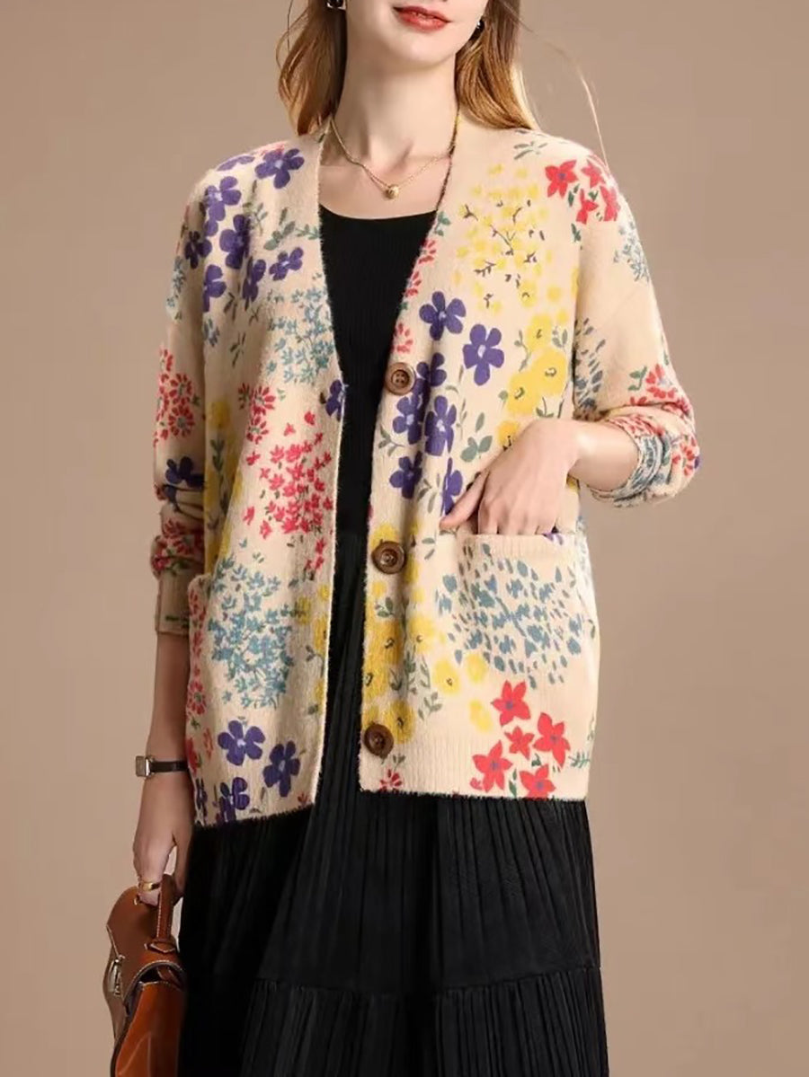 Women Casual Flower V-Neck Winter Cardigan Sweater