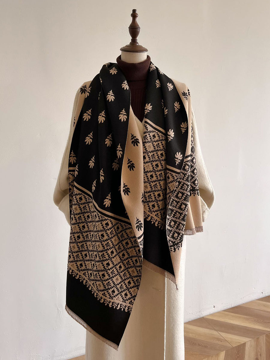 Women Winter Dual-side Print Tassel Scarf Shawl