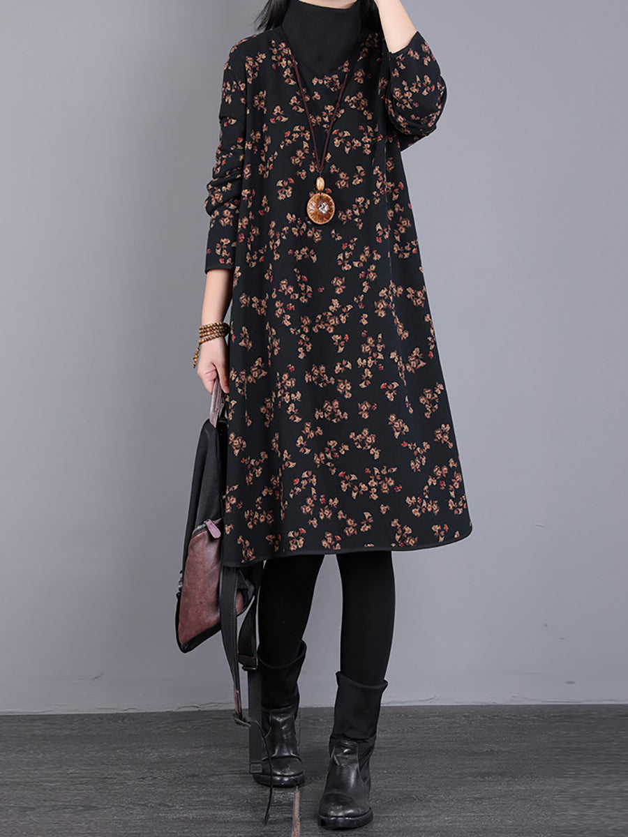 Women Vintage Winter Fleeced Floral Turtleneck Dress