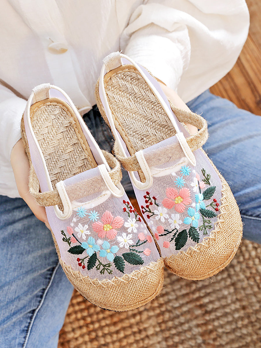 Women Summer Embroidery Flower Straw Flat Shoes