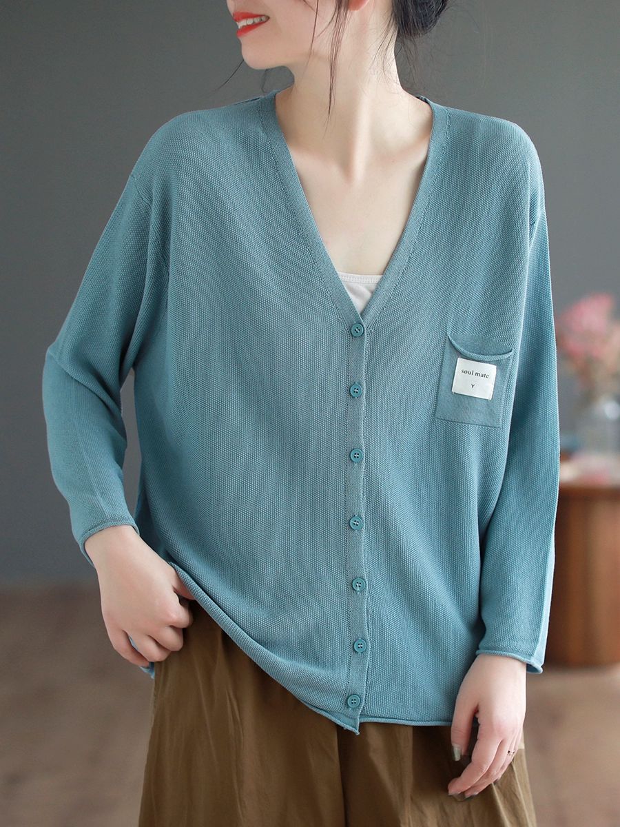 Loose Solid Knitted Sun-proof Cardigan With Pockets