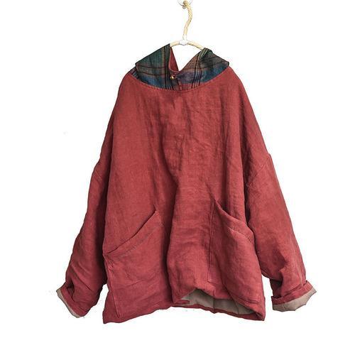 Women Linen Patchwork Hooded Coat Parkas Ladies Vintage Flax Tops Female 2020 Outerwear 2020 Autumn Winter - Omychic