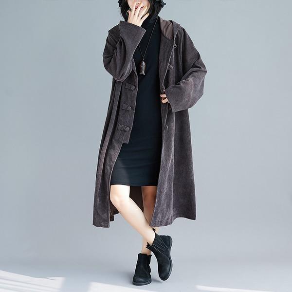 corduroy plus size solid vintage hooded casual loose long autumn winter trench coat - Omychic