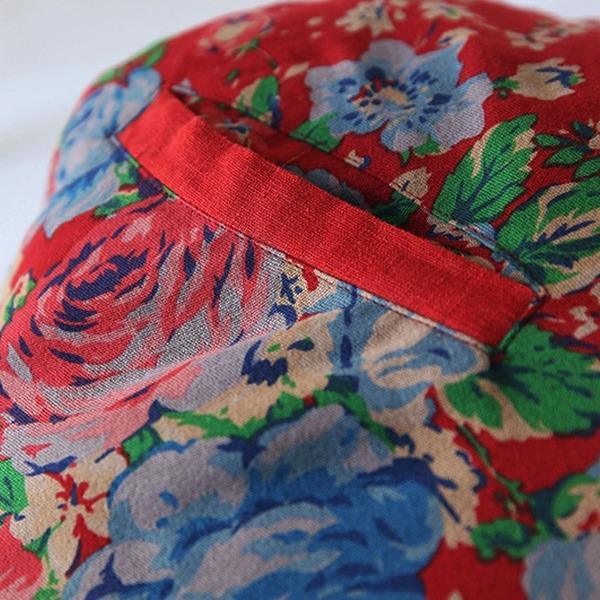 Women Vintage Red Print Floral Parkas V-Neck Long Sleeve  Warm Parkas - Omychic