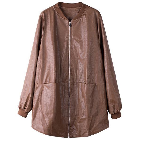 plus size oversize PU Leather women casual Loose spring autumn Zipper Wild Jacket 2020 Clothes Coat Outerwear - Omychic
