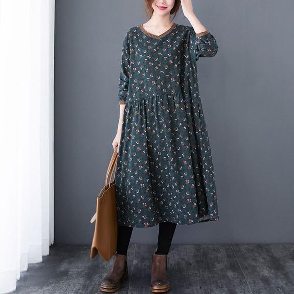 Vintage Print V-neck Loose Comfortable Female Long Dresses - Omychic