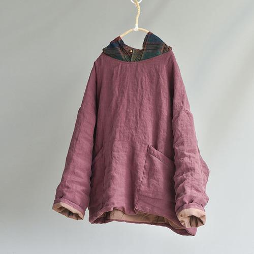 Women Linen Patchwork Hooded Coat Parkas Ladies Vintage Flax Tops Female 2020 Outerwear 2020 Autumn Winter - Omychic