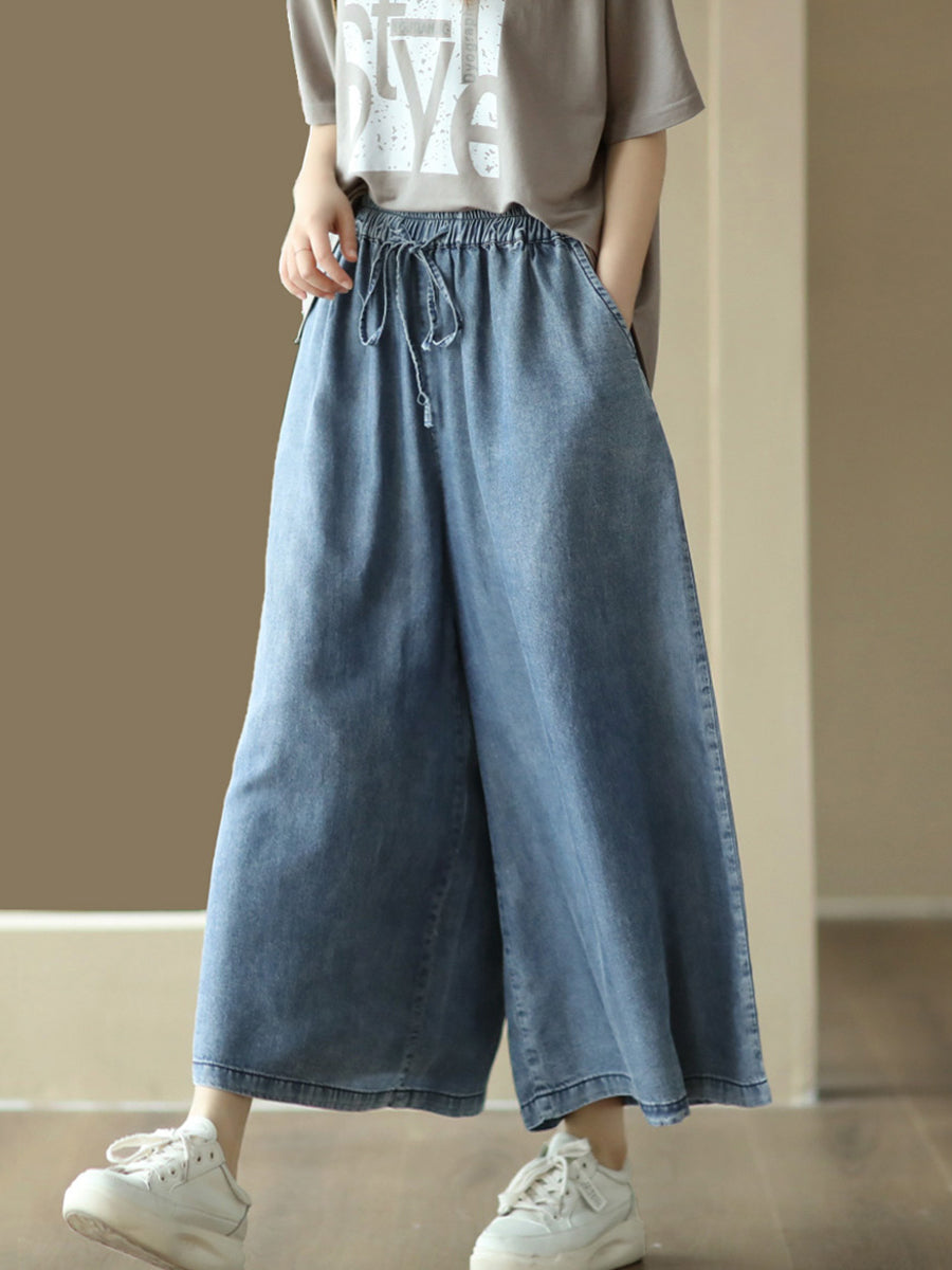 Casual Solid Washed Drawstring Wide-leg Denim Pants