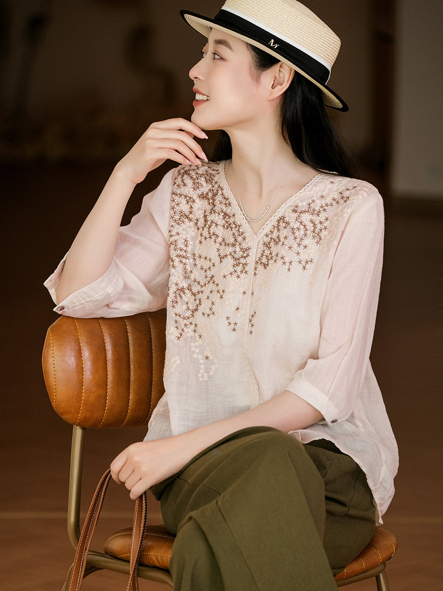 Summer Flower Embroidery Lacework Loose Ramie Shirt