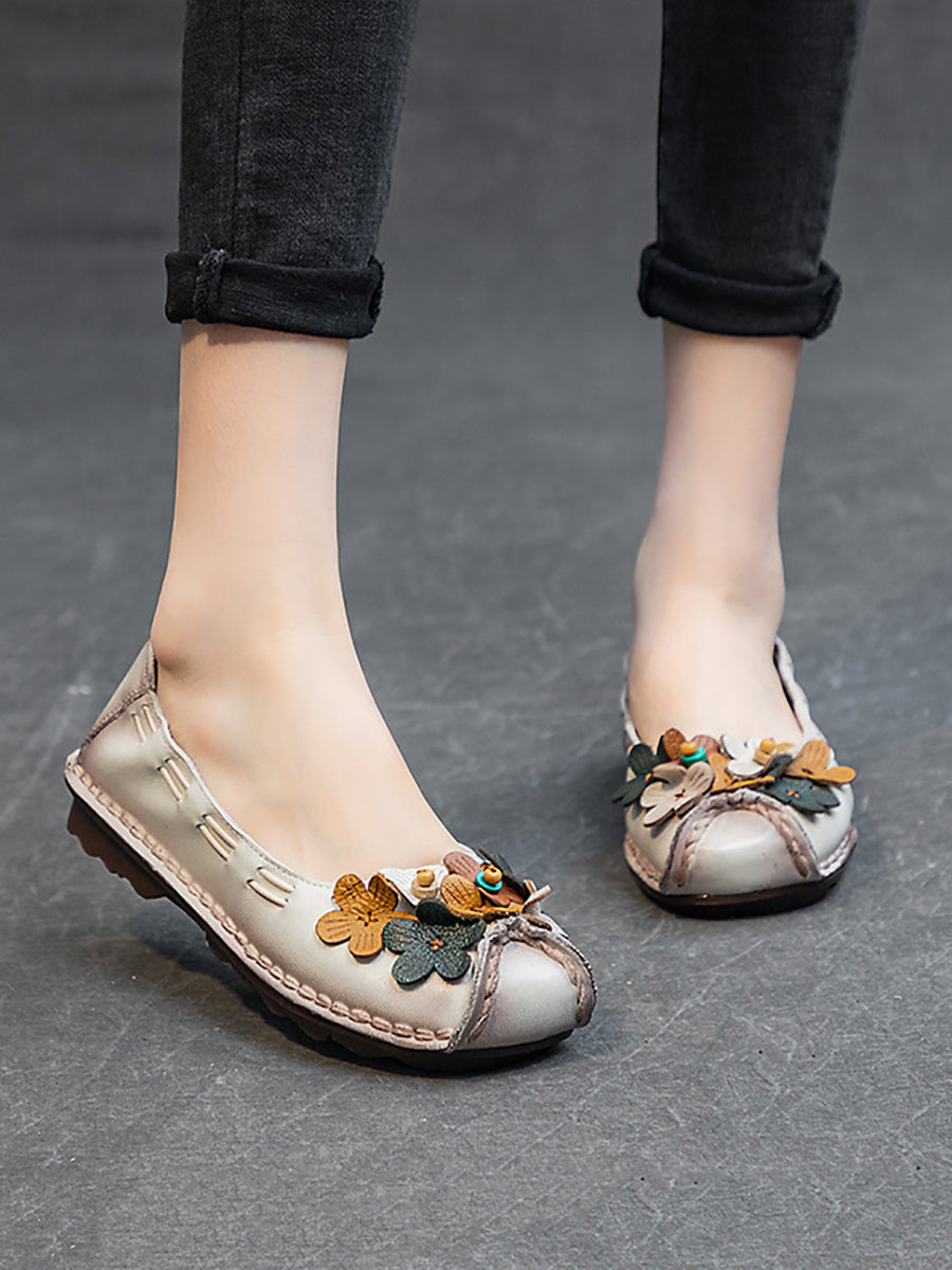 Women Summer Vintage Floral Spliced Leather Flat Shoes