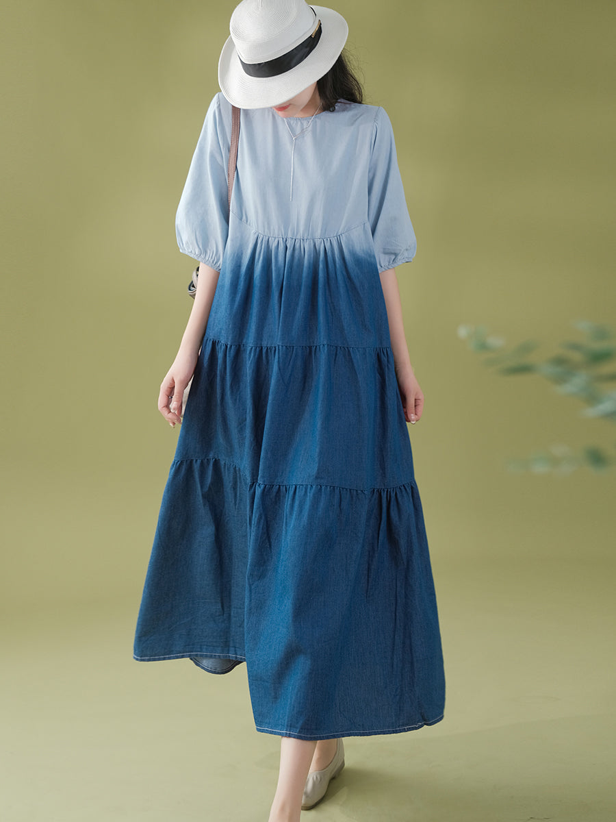 Women Summer Casual Gradient Pleated Loose Denim Dress