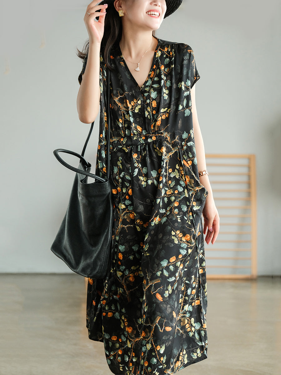 Vintage Floral Drawstring V-Neck Loose Dress