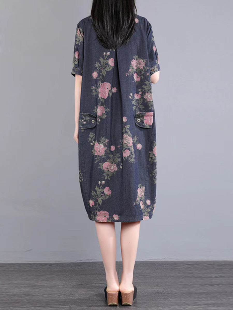 Vintage Flower Print Pocket Loose Button Denim Dress