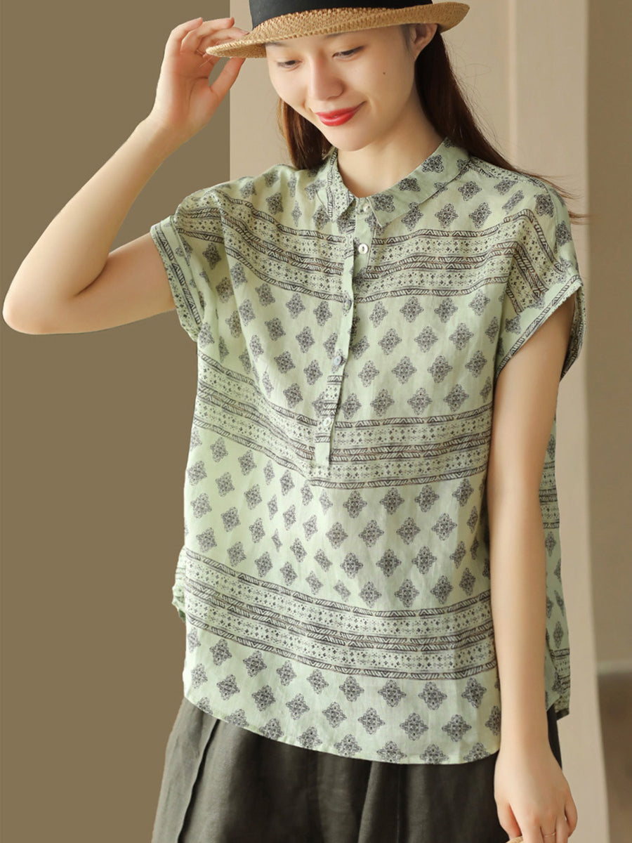 Women Summer Vintage Geometric Print Button Linen Shirt