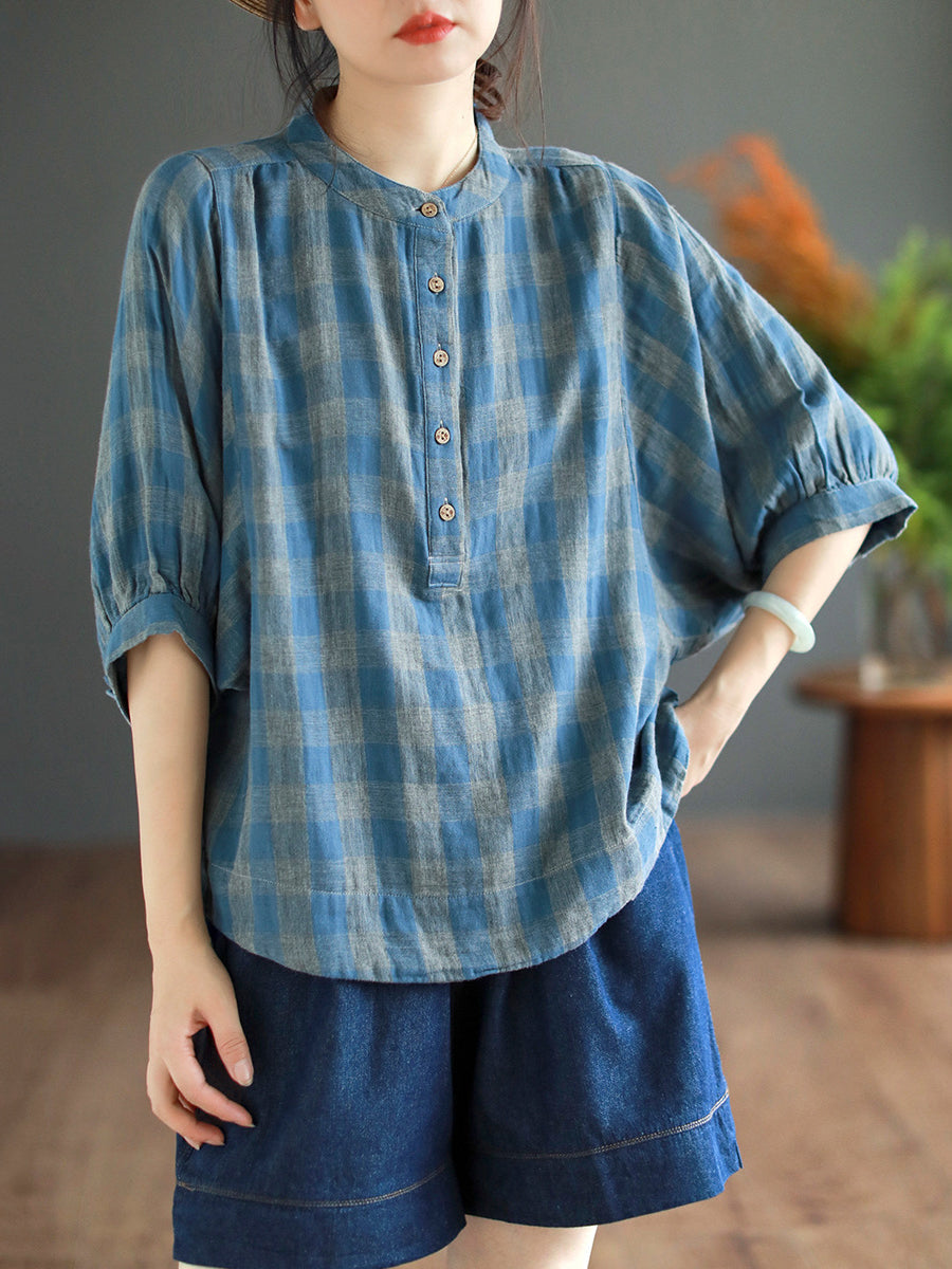 Retro Plaid Button Batwing Sleeve Cotton Shirt