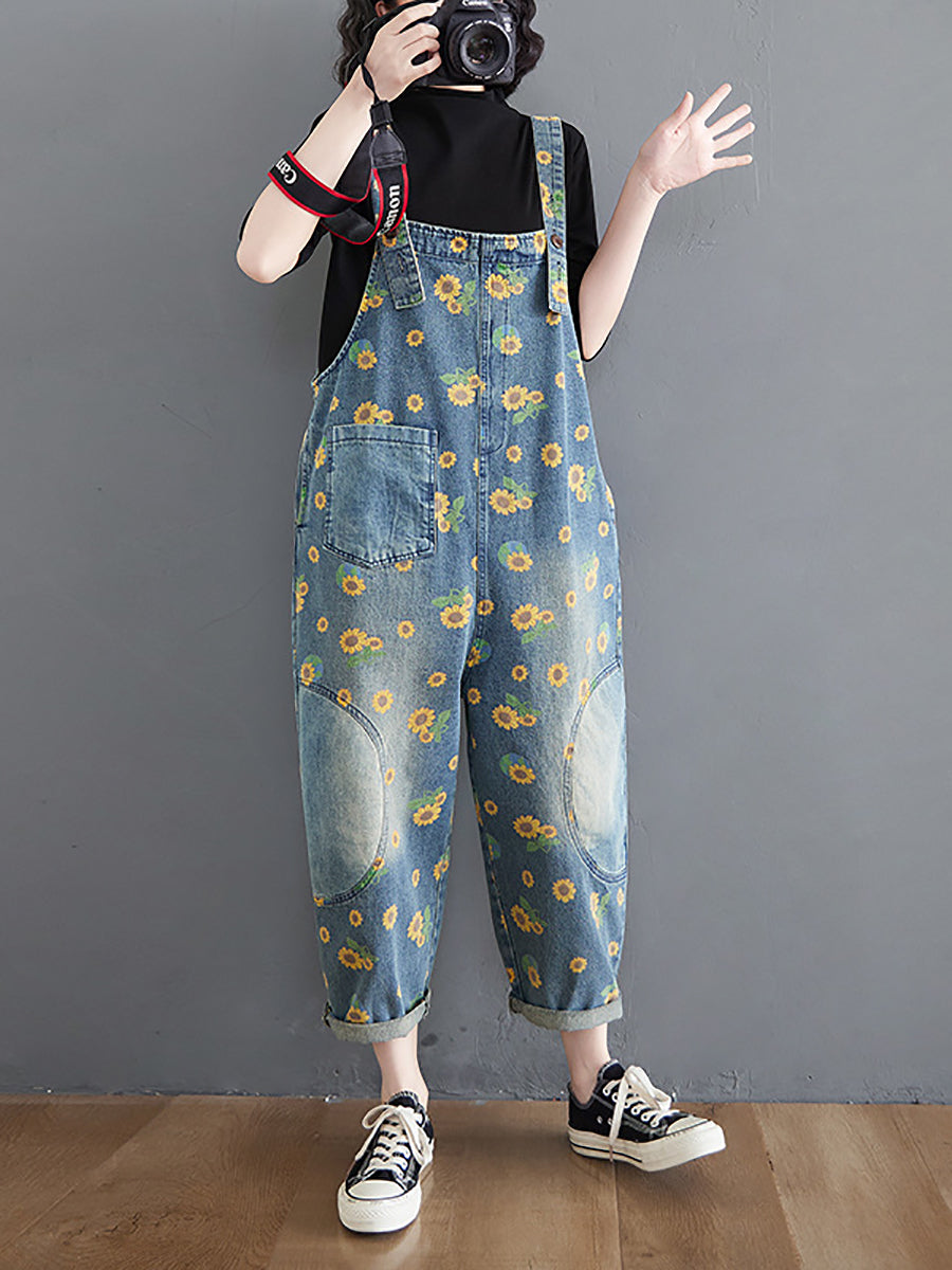 Vintage Sunflower Worn Pocket Denim Jumpsuits Summer