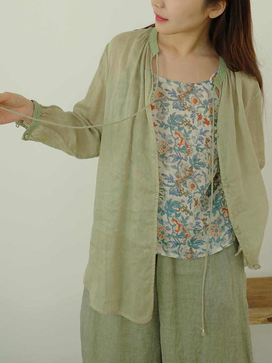 Vintage Button Drawstring Solid Thin Ramie Summer Tops
