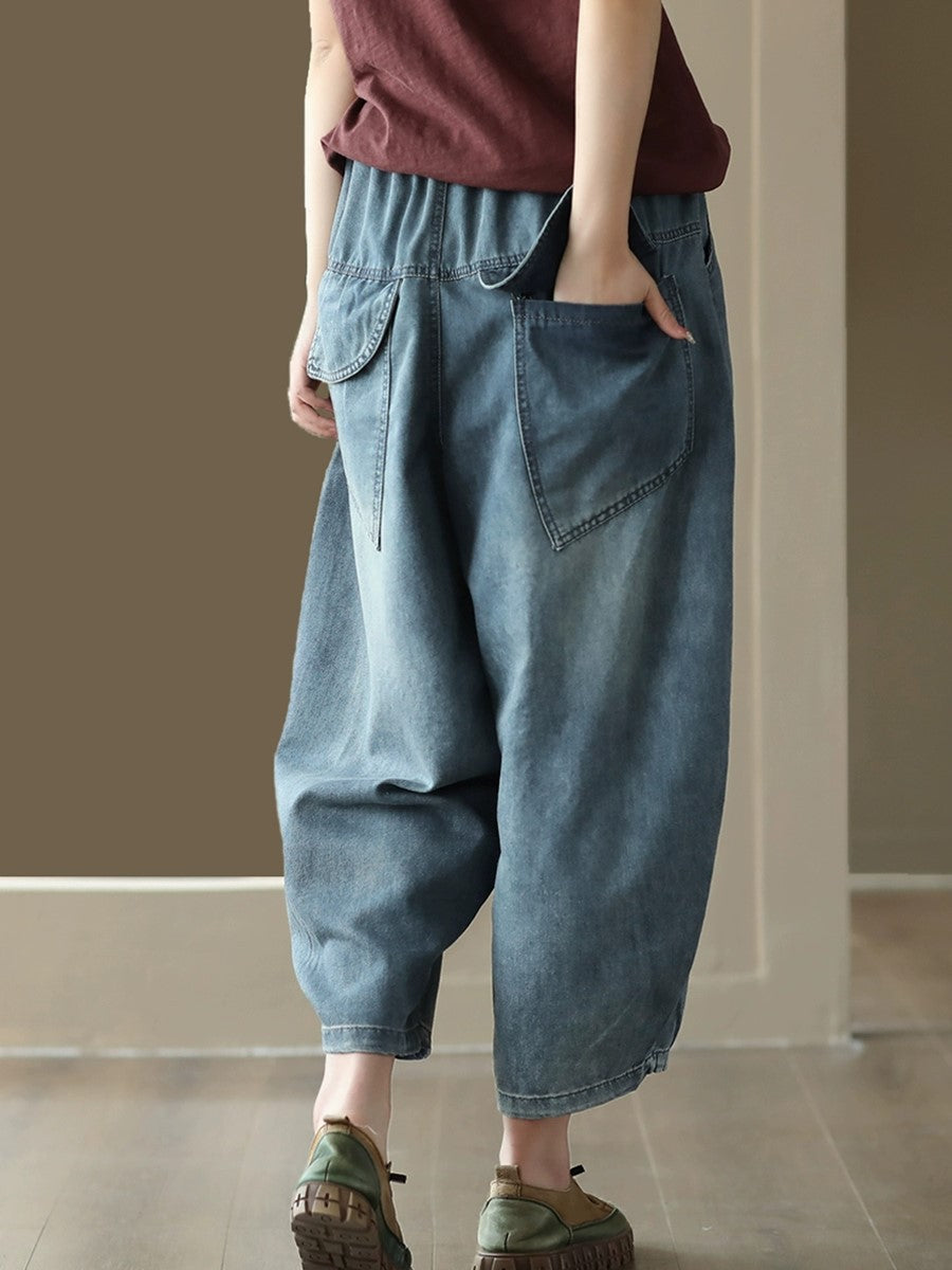 Casual Retro Patch Stitching Pocket Denim Pants