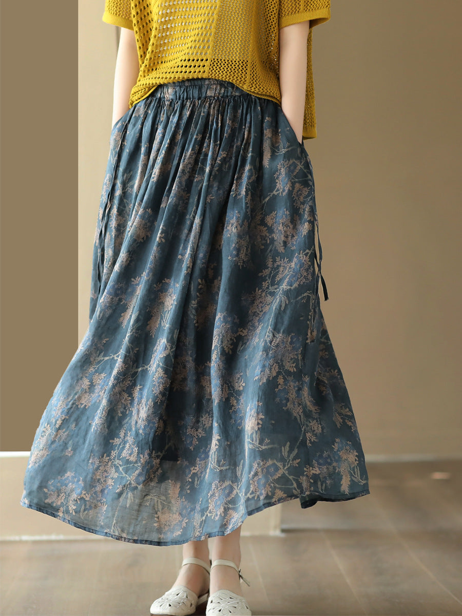 Casual Summer Artsy Floral Drawstring Loose Ramie Skirt