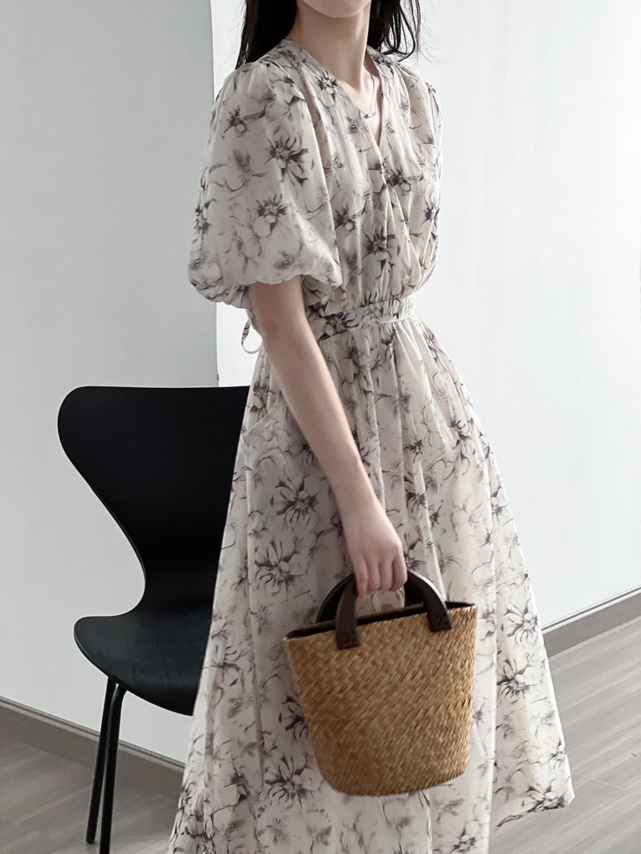 Vintage Floral V-Neck Puff Sleeve Loose Dress