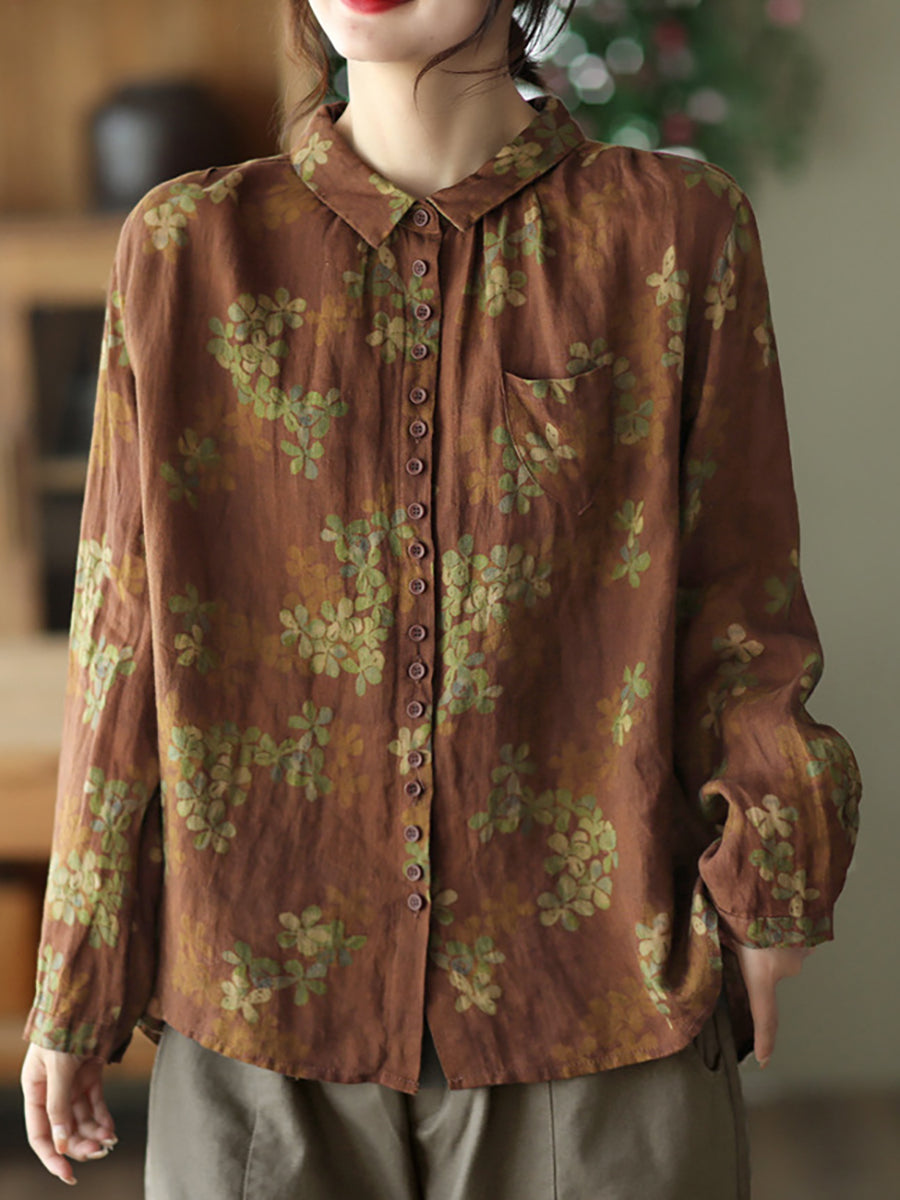 Vintage Printed Linen Shirt Turn-down Collar Top