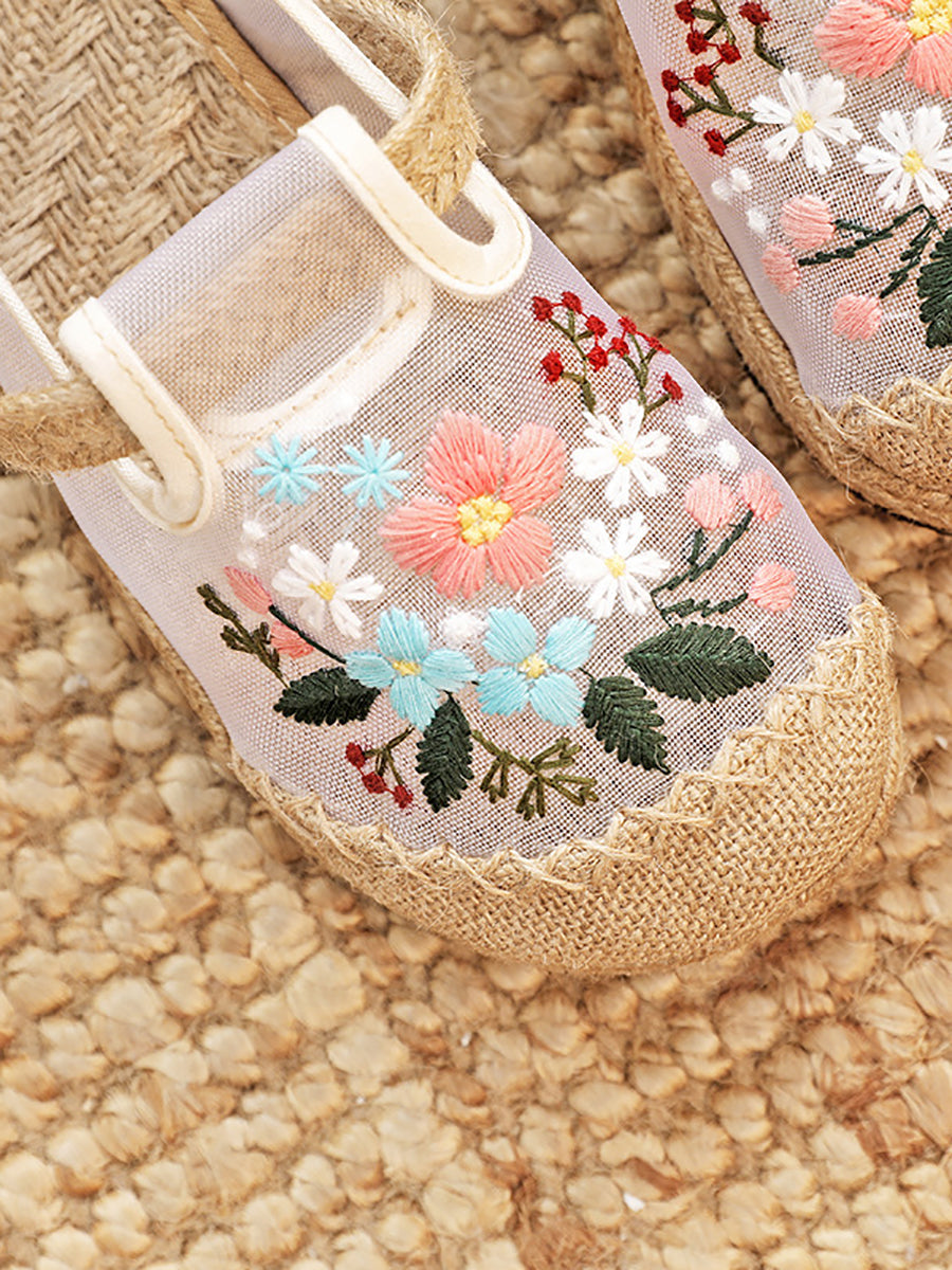 Women Summer Embroidery Flower Straw Flat Shoes