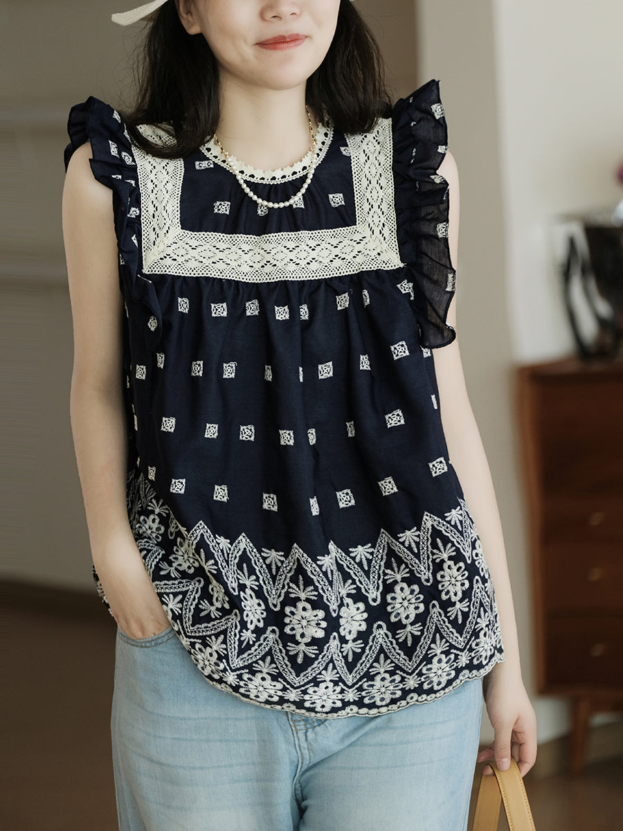 Summer Artsy Embroidery Lace Ruffle Sleeve Shirt